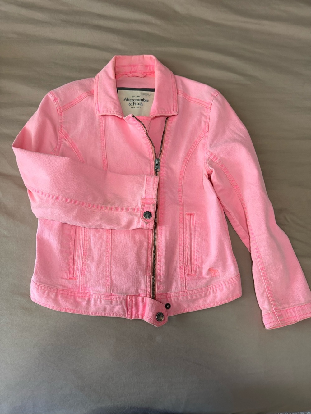 Abercrombie & Fitch Hot Pink Stretch Denim Jacket | Washed Vintage Look | M
